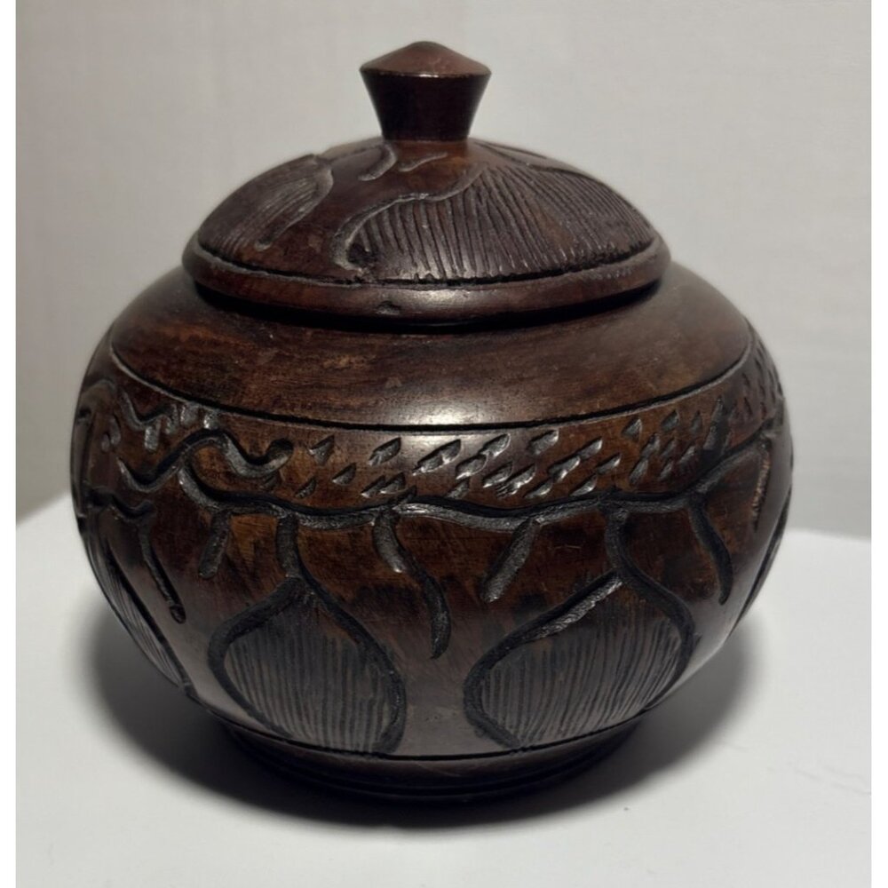 Wood Spice Jar Hand Carved Africa Round With Lid 4.25" Tall Intricate